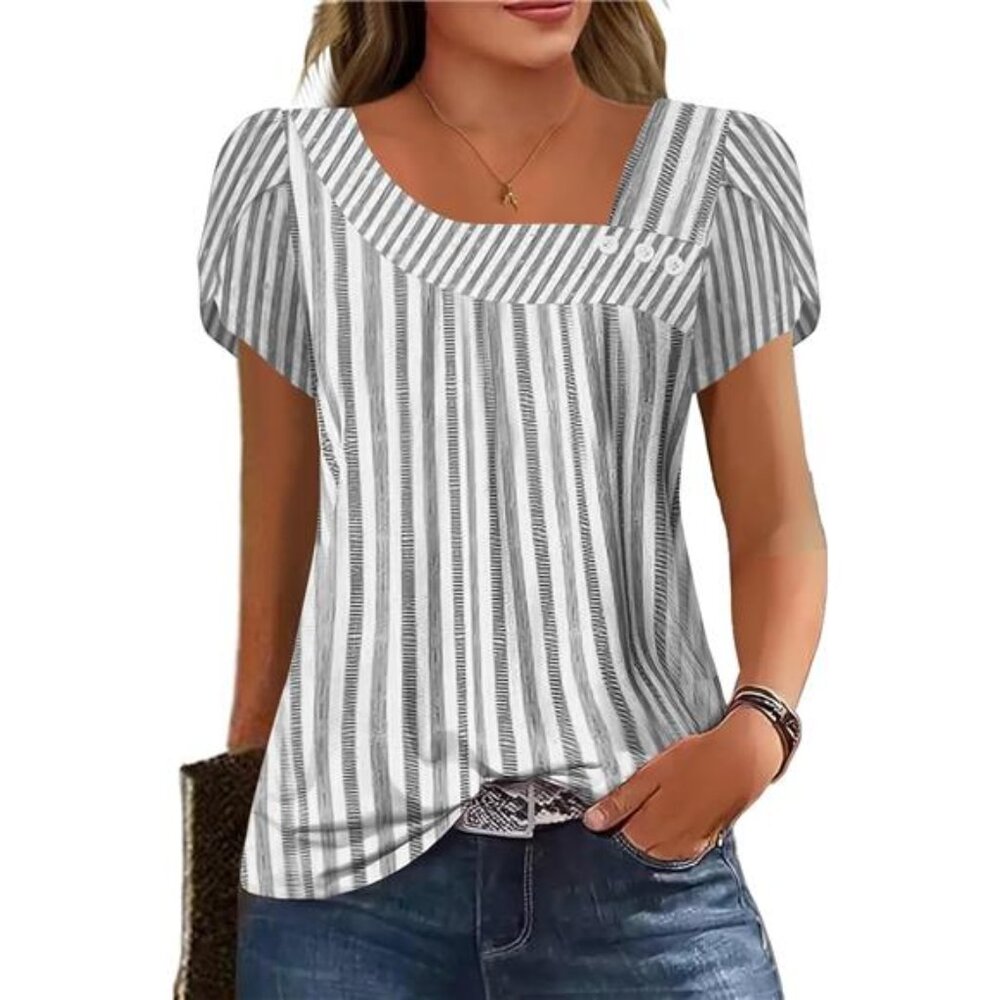 Petal Sleeve Tops Summer Trendy T Shirt Casual Loose Square Neck Button